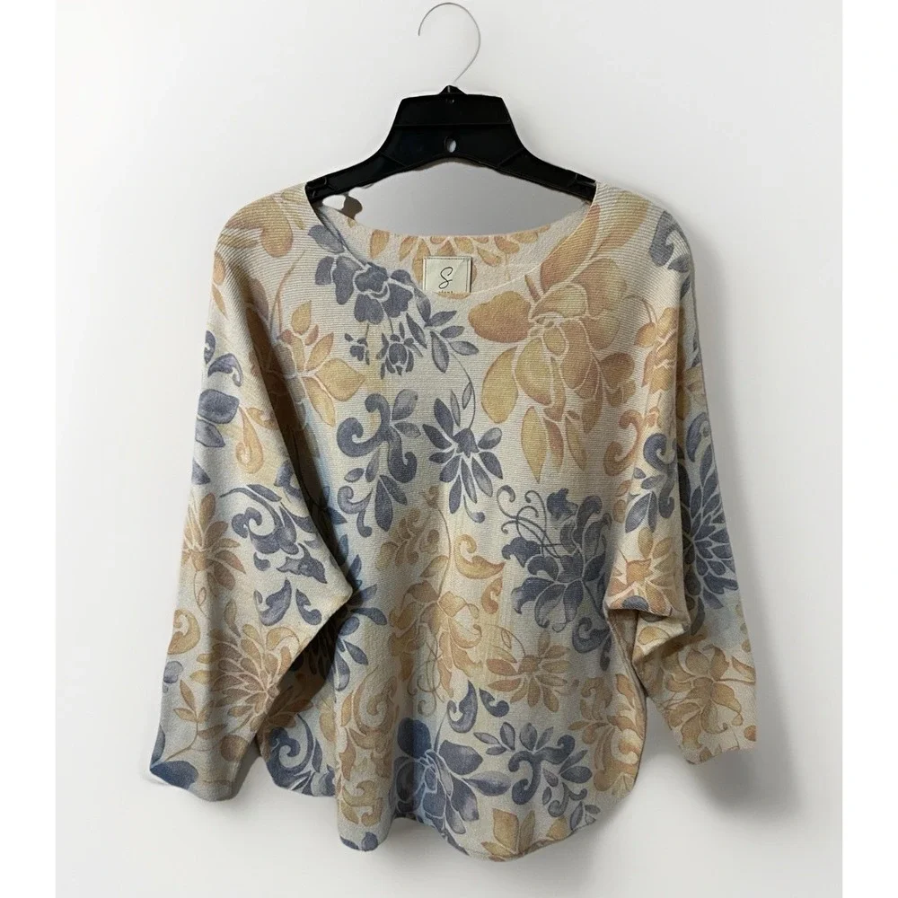 Sioni Sweater Womans XL Floral Print Tunic Light Tan Blue Gold - Picture 1 of 9